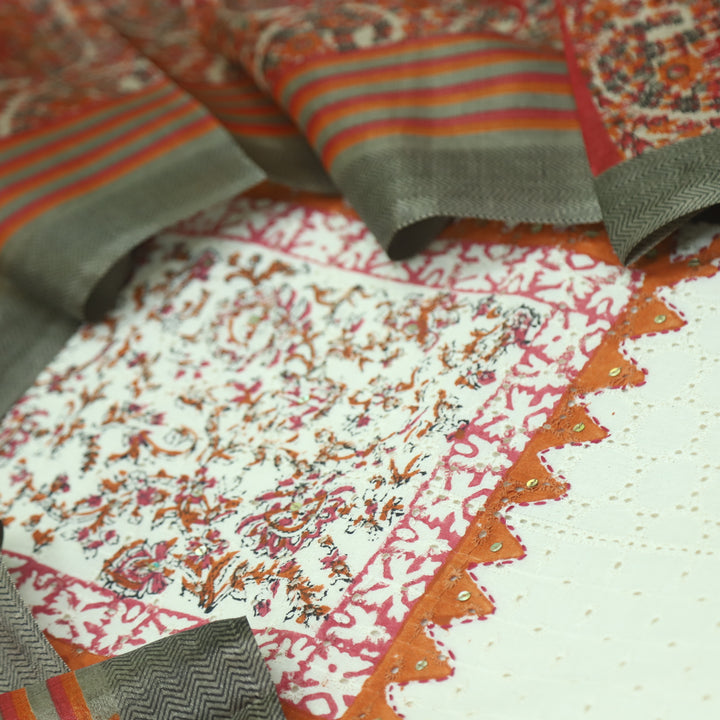 Naina Cream with Orange Printed Neck with Crochet Work Cotton Pakistani Suit Set