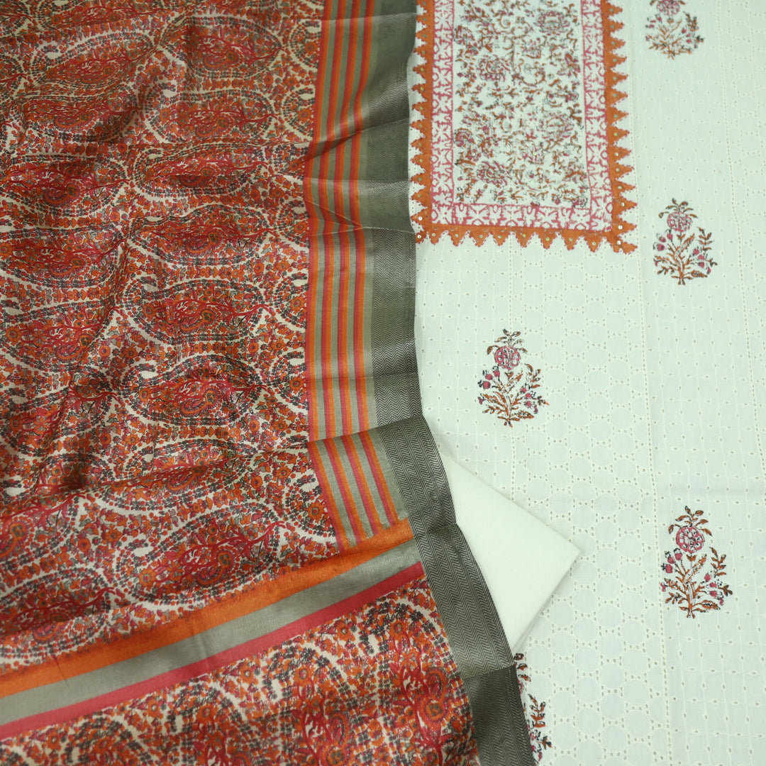 Naina Cream with Orange Printed Neck with Crochet Work Cotton Pakistani Suit Set