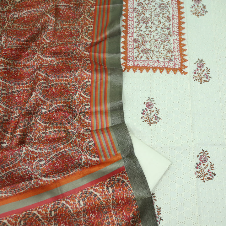 Naina Cream with Orange Printed Neck with Crochet Work Cotton Pakistani Suit Set