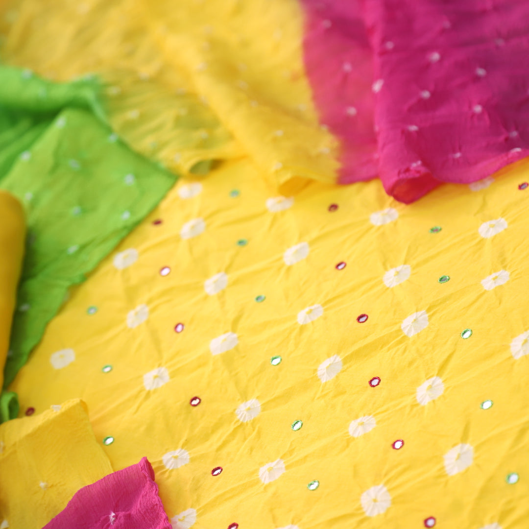 Salarri Bright Yellow Mirror Work with Bandhej Cotton Suit Set