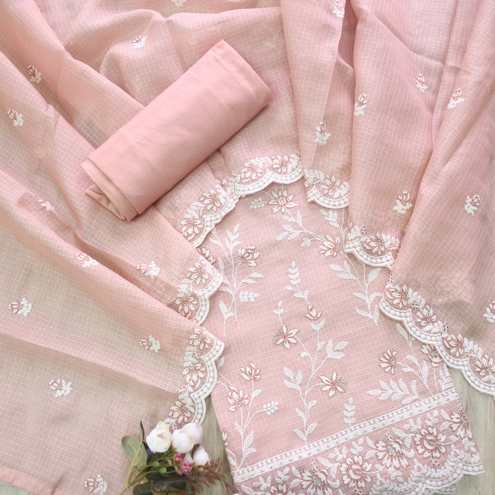 Mahi Peach Orange All Over Thread Embroidered Kota Doriya suit Set