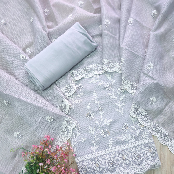 Mahi Fossil Grey All Over Thread Embroidered Kota Doriya suit Set