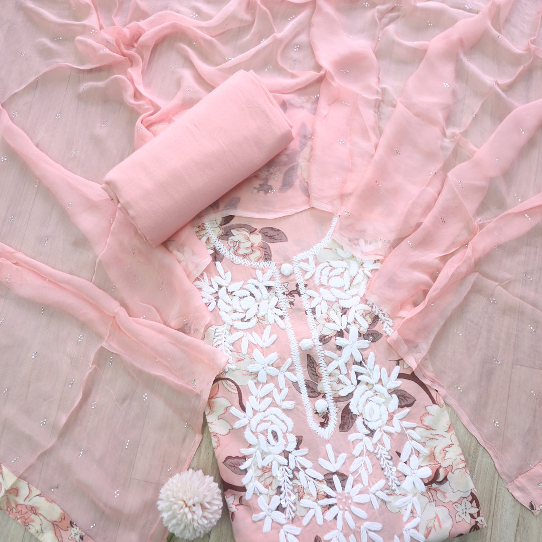 Salaari light Peach Authentic Chikankari Work Printed Cotton Suit Set