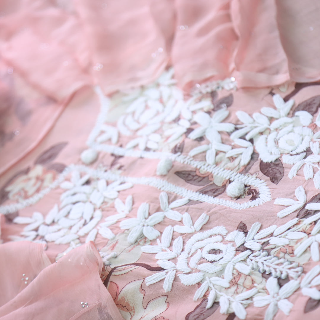 Salaari light Peach Authentic Chikankari Work Printed Cotton Suit Set