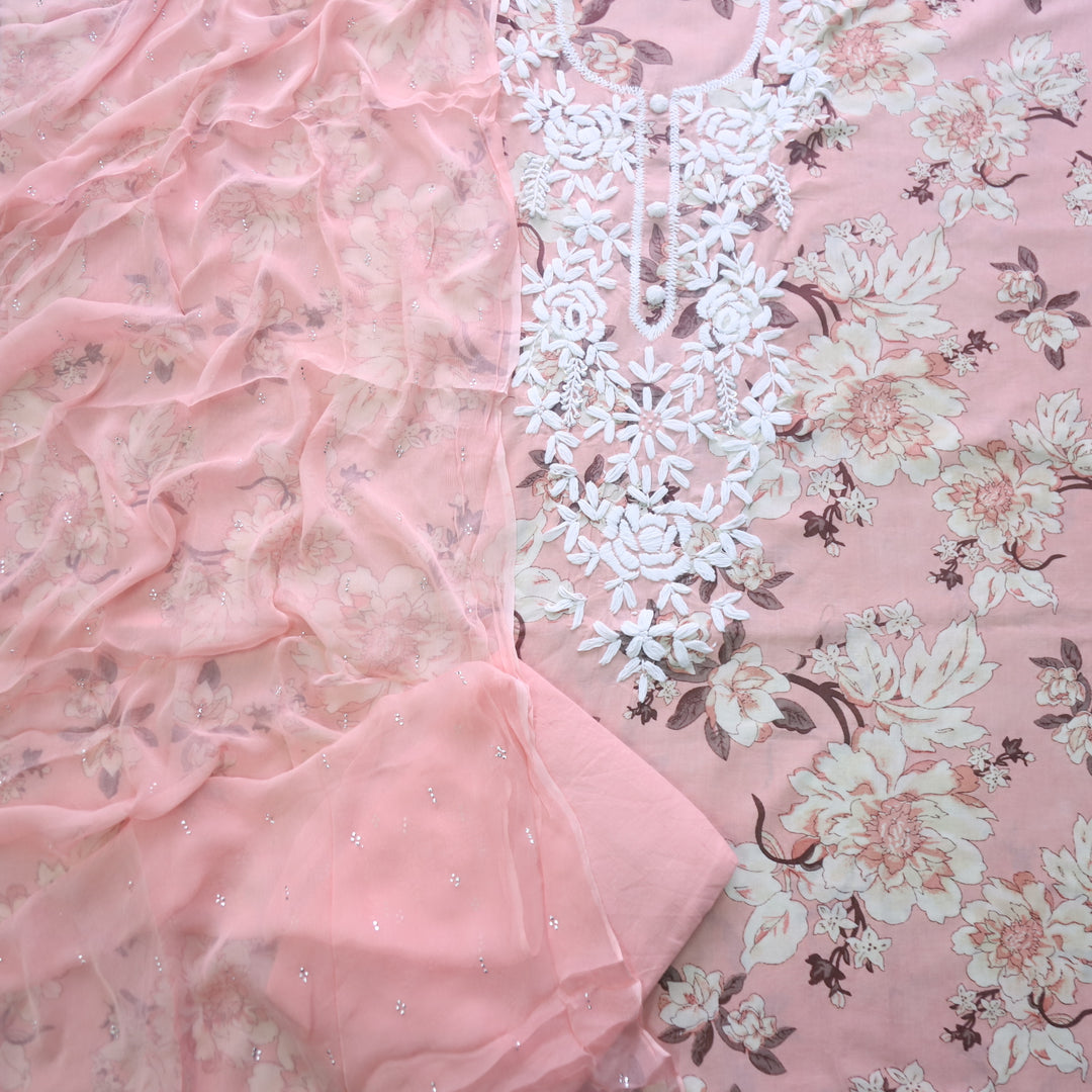 Salaari light Peach Authentic Chikankari Work Printed Cotton Suit Set