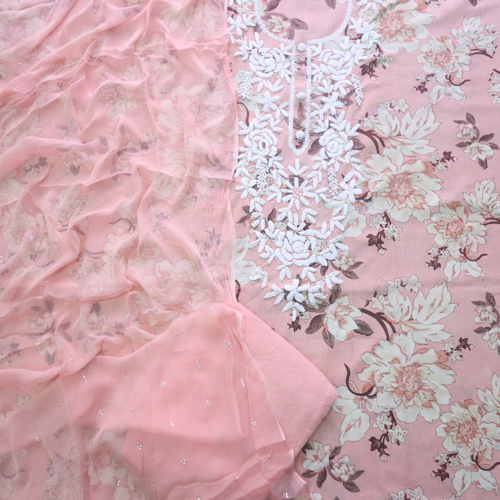 Salaari light Peach Authentic Chikankari Work Printed Cotton Suit Set