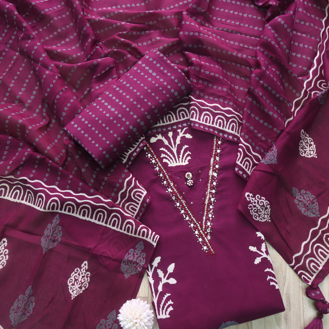 Salaari Berry Purple V Neck Button with Mirror Work Printed Cotton Suit Set