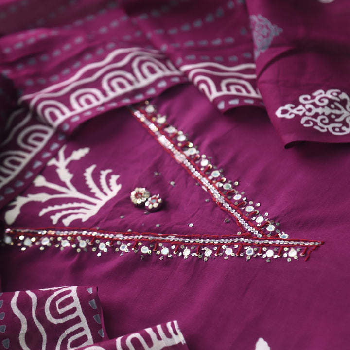Salaari Berry Purple V Neck Button with Mirror Work Printed Cotton Suit Set