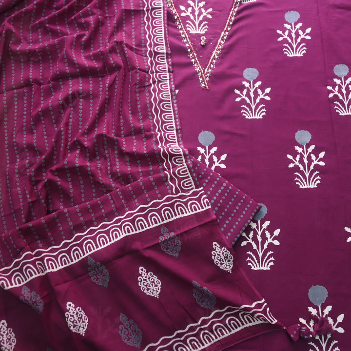 Salaari Berry Purple V Neck Button with Mirror Work Printed Cotton Suit Set