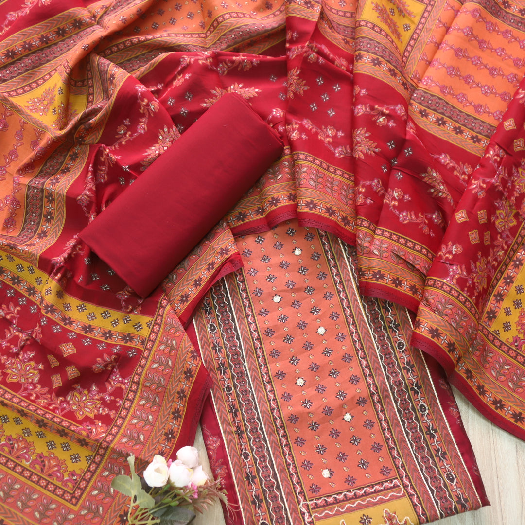 Darshanavi Berry Red with Digital Printed Swarovski Work Muslin Suit Set