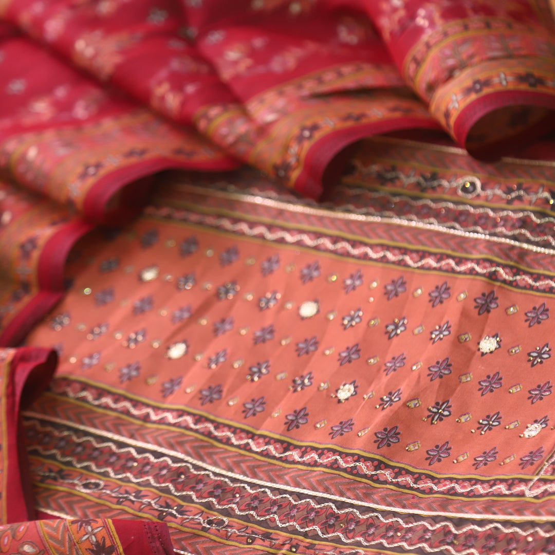 Darshanavi Berry Red with Digital Printed Swarovski Work Muslin Suit Set
