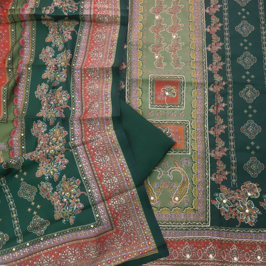 Darshanavi Sacramento Green with Digital Printed Swarovski Work Muslin Suit Set