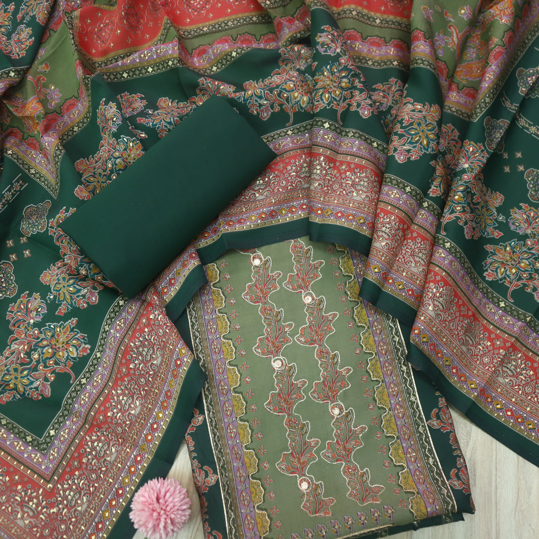 Darshanavi Sacramento Green with Digital Printed Swarovski Work Muslin Suit Set