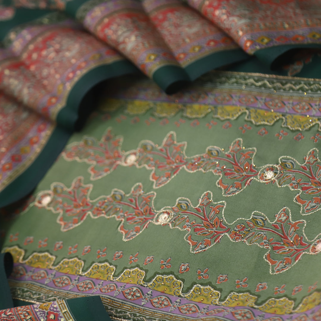 Darshanavi Sacramento Green with Digital Printed Swarovski Work Muslin Suit Set