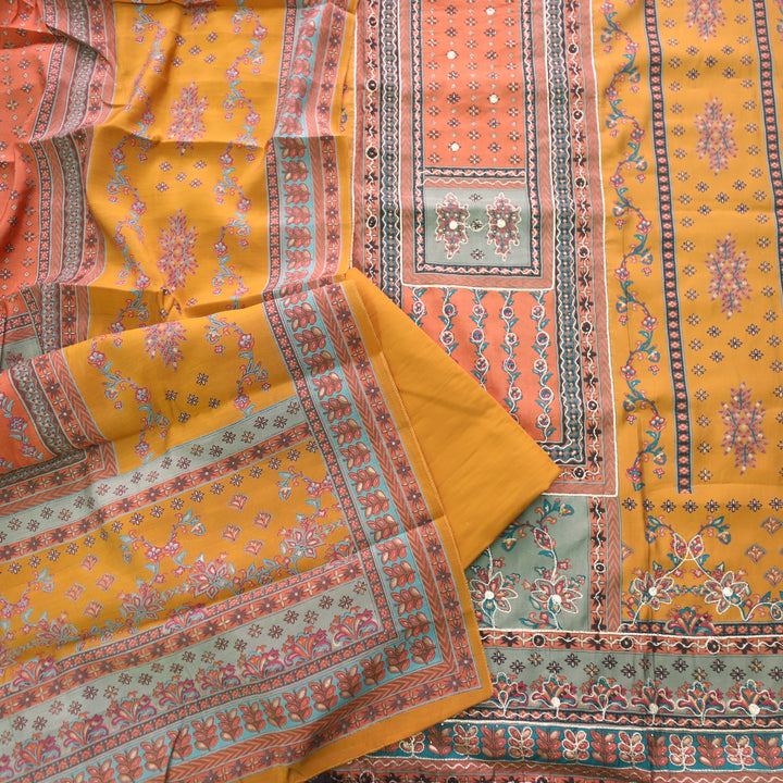 Darshanavi Mustard Orange with Digital Printed Swarovski Work Muslin Suit Set