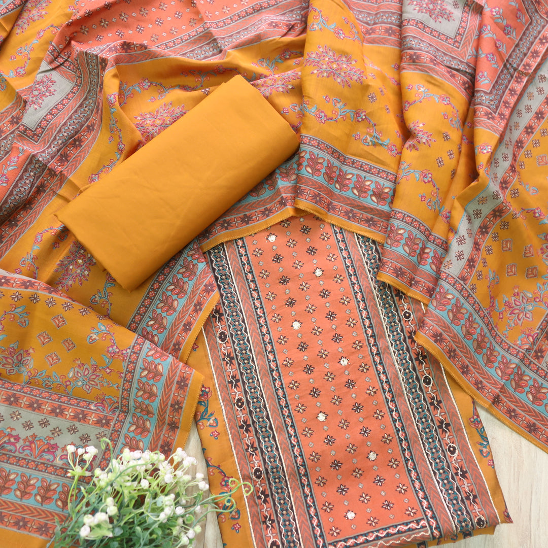 Darshanavi Mustard Orange with Digital Printed Swarovski Work Muslin Suit Set