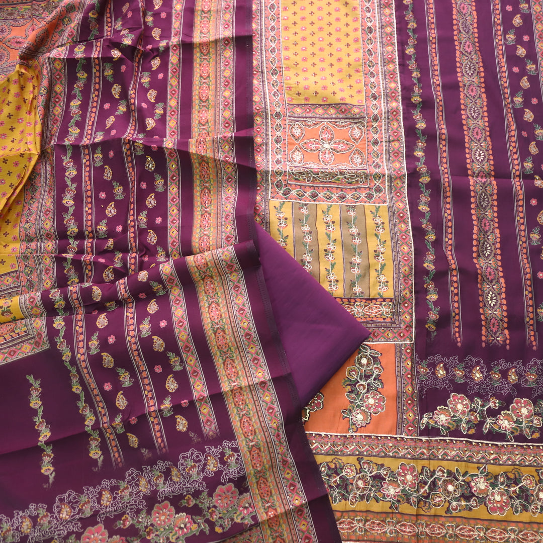 Darshanavi Dark Purple with Digital Printed Swarovski Work Muslin Suit Set