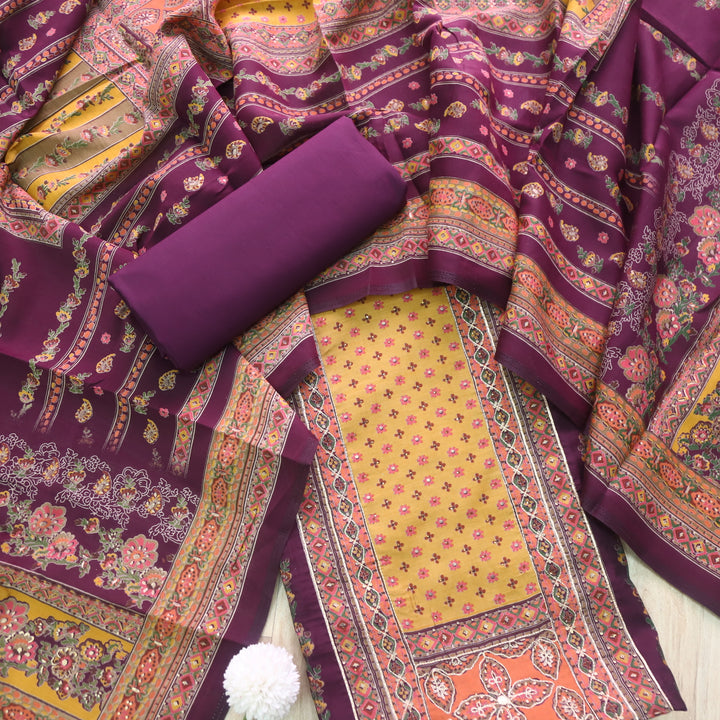 Darshanavi Dark Purple with Digital Printed Swarovski Work Muslin Suit Set