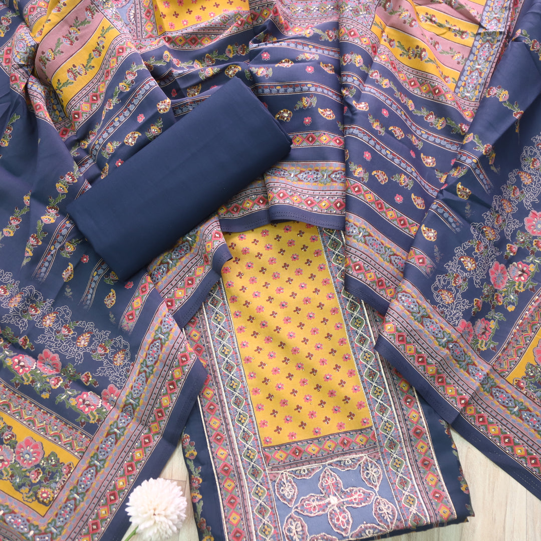 Darshanavi Navy Blue with Digital Printed Swarovski Work Muslin Suit Set