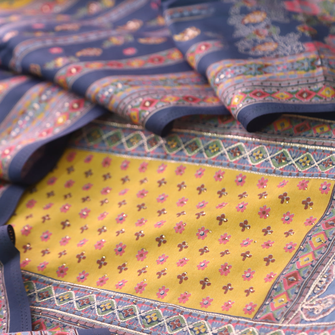 Darshanavi Navy Blue with Digital Printed Swarovski Work Muslin Suit Set