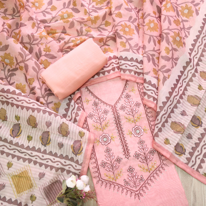 Rukshah Blush Pink with Black Thread Weaved Work Chanderi Suit Set