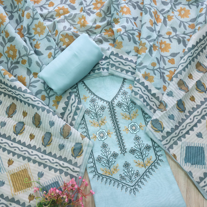 Rukshah Blue Teal with Black Thread Weaved Work Chanderi Suit Set