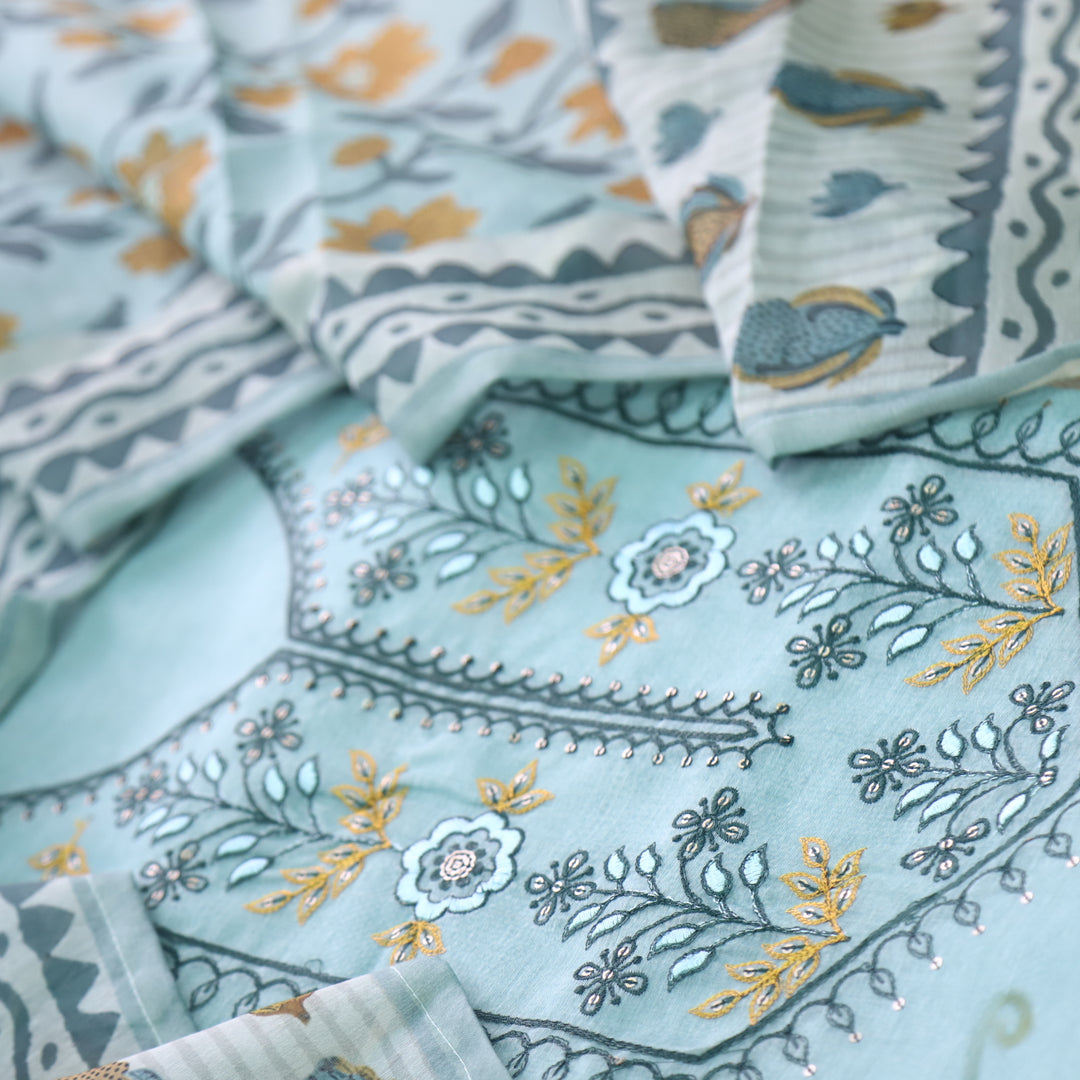 Rukshah Blue Teal with Black Thread Weaved Work Chanderi Suit Set