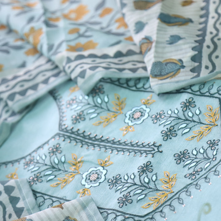 Rukshah Blue Teal with Black Thread Weaved Work Chanderi Suit Set