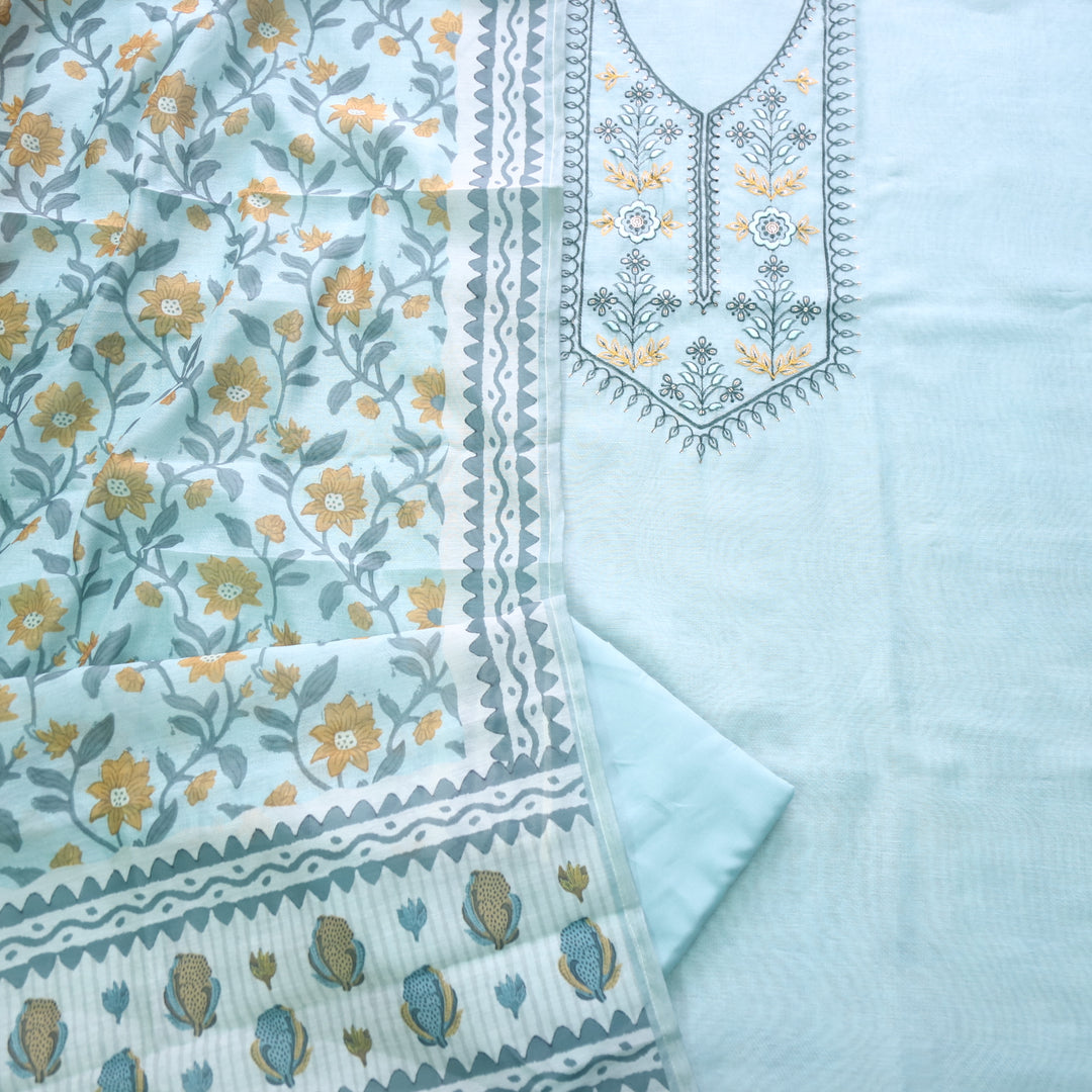 Rukshah Blue Teal with Black Thread Weaved Work Chanderi Suit Set