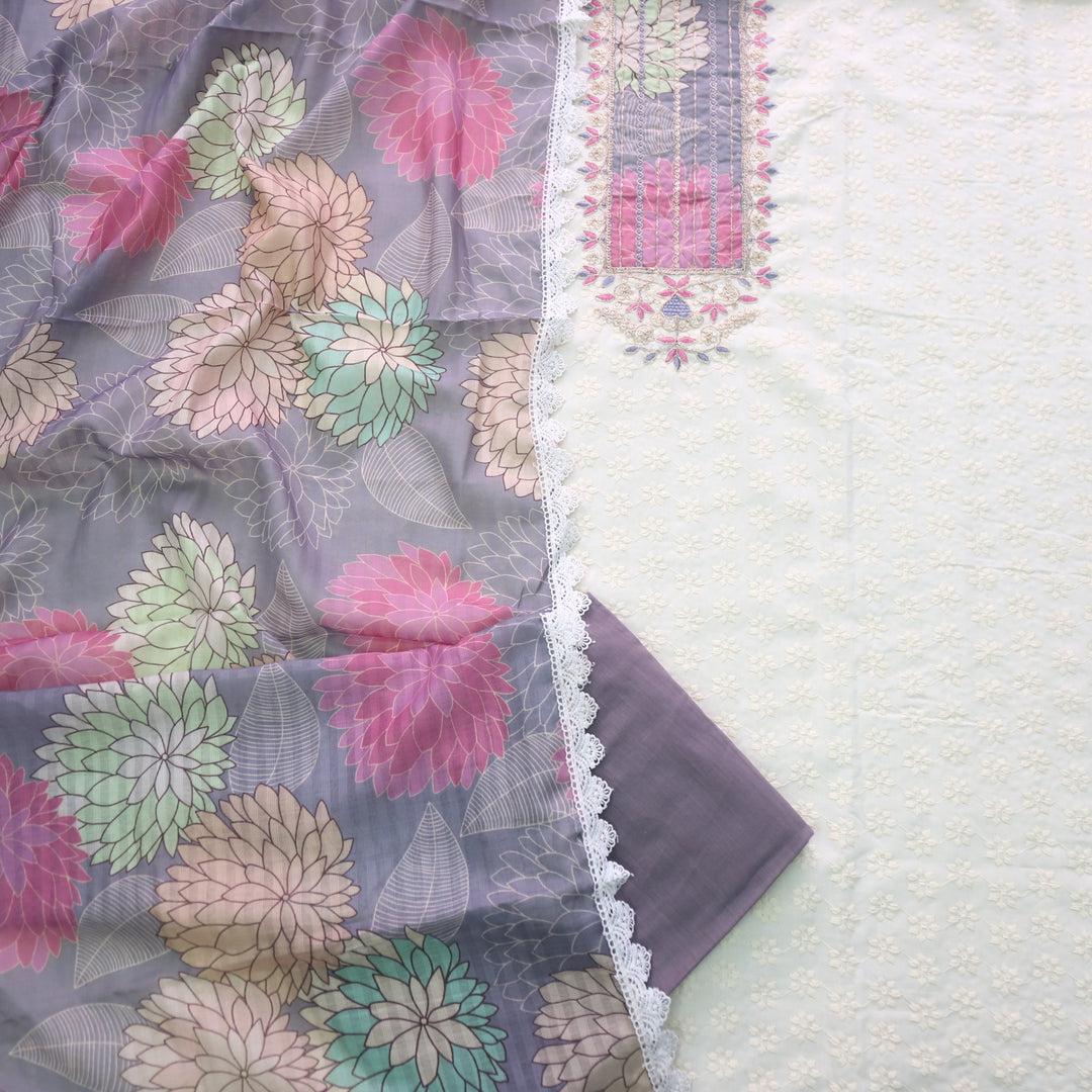 Naina Creamy White With Grey Floral Print Patch Work Cotton Suit Set