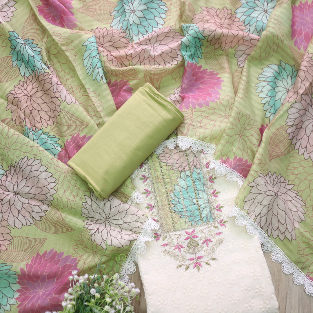 Naina Creamy White With Green Floral Print Patch Work Cotton Suit Set