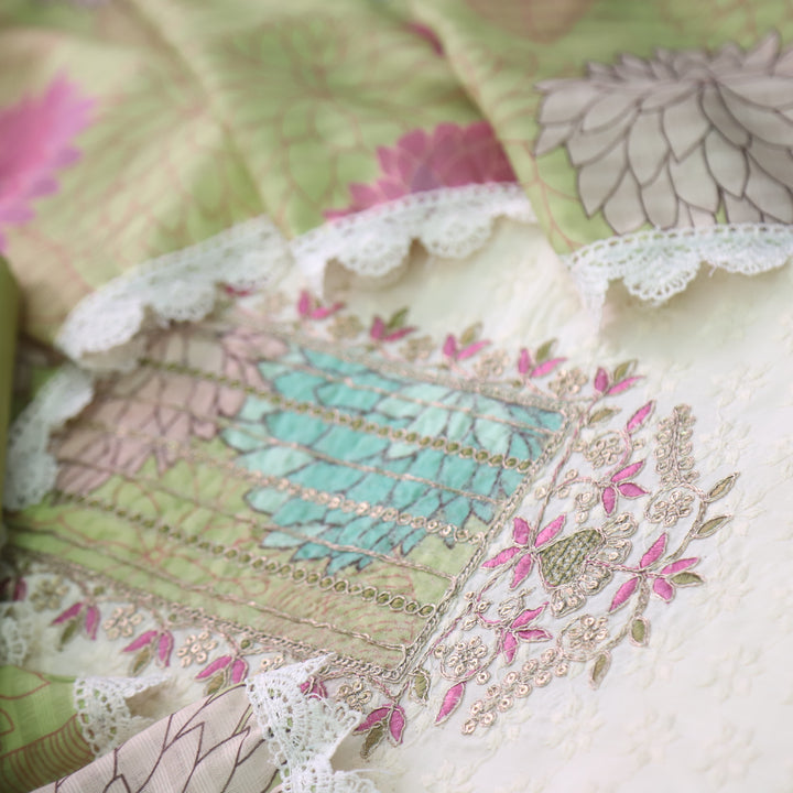 Naina Creamy White With Green Floral Print Patch Work Cotton Suit Set