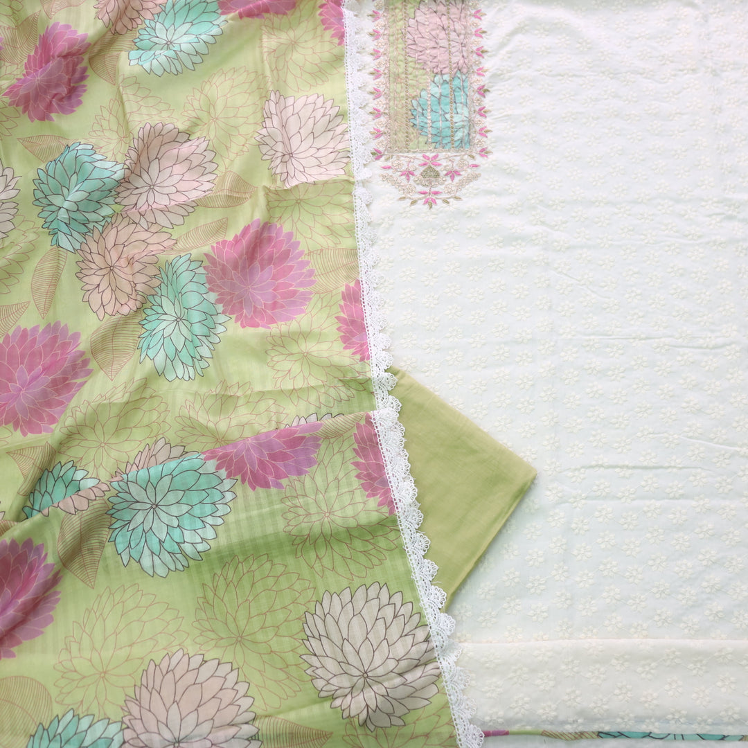 Naina Creamy White With Green Floral Print Patch Work Cotton Suit Set