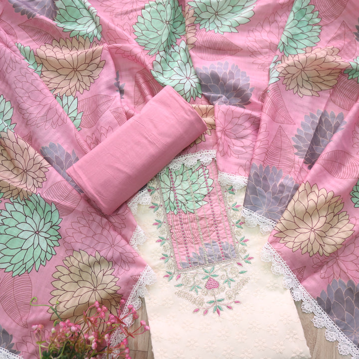 Naina Creamy White With Pink Floral Print Patch Work Cotton Suit Set