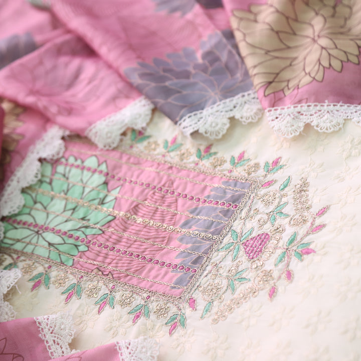 Naina Creamy White With Pink Floral Print Patch Work Cotton Suit Set