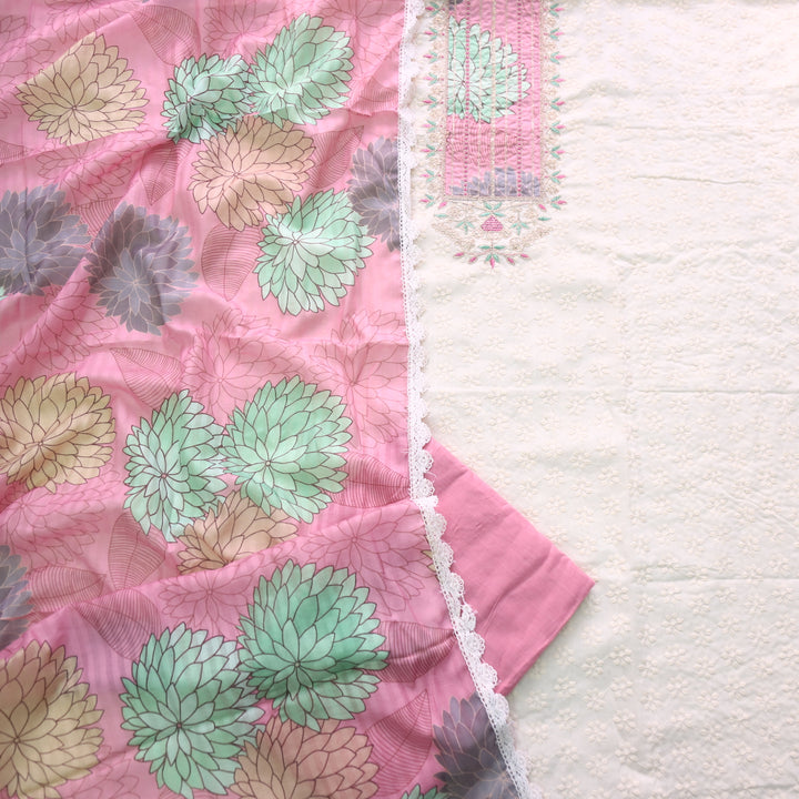 Naina Creamy White With Pink Floral Print Patch Work Cotton Suit Set