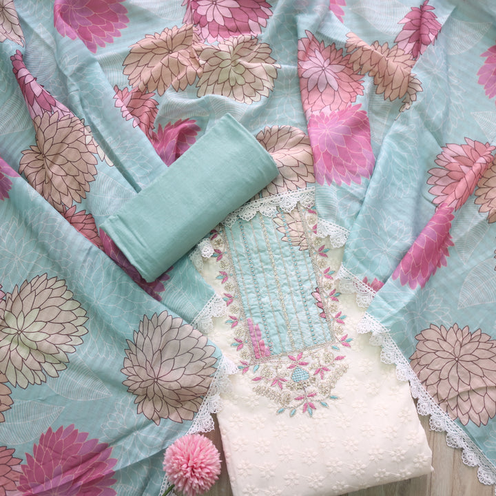 Naina Creamy White With Blue Floral Print Patch Work Cotton Suit Set
