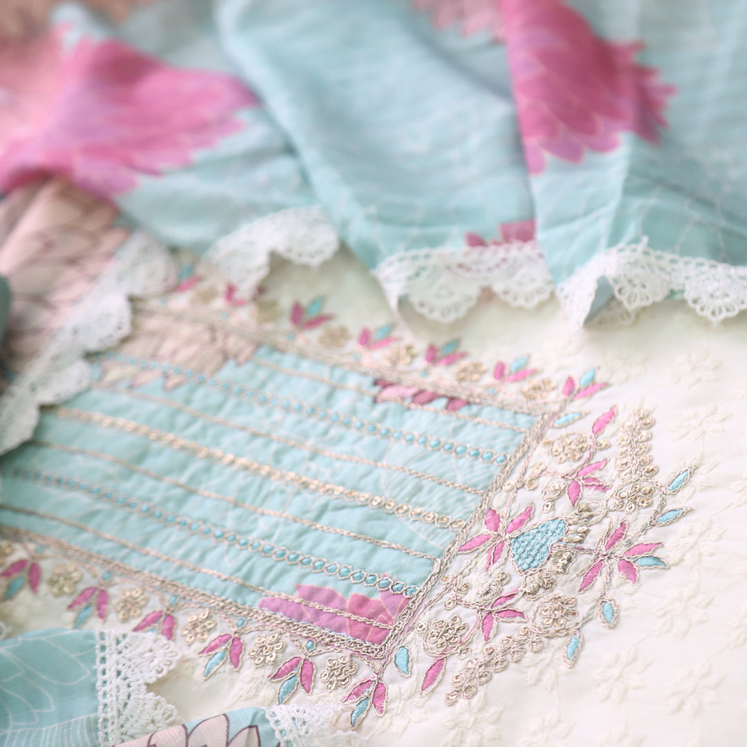 Naina Creamy White With Blue Floral Print Patch Work Cotton Suit Set