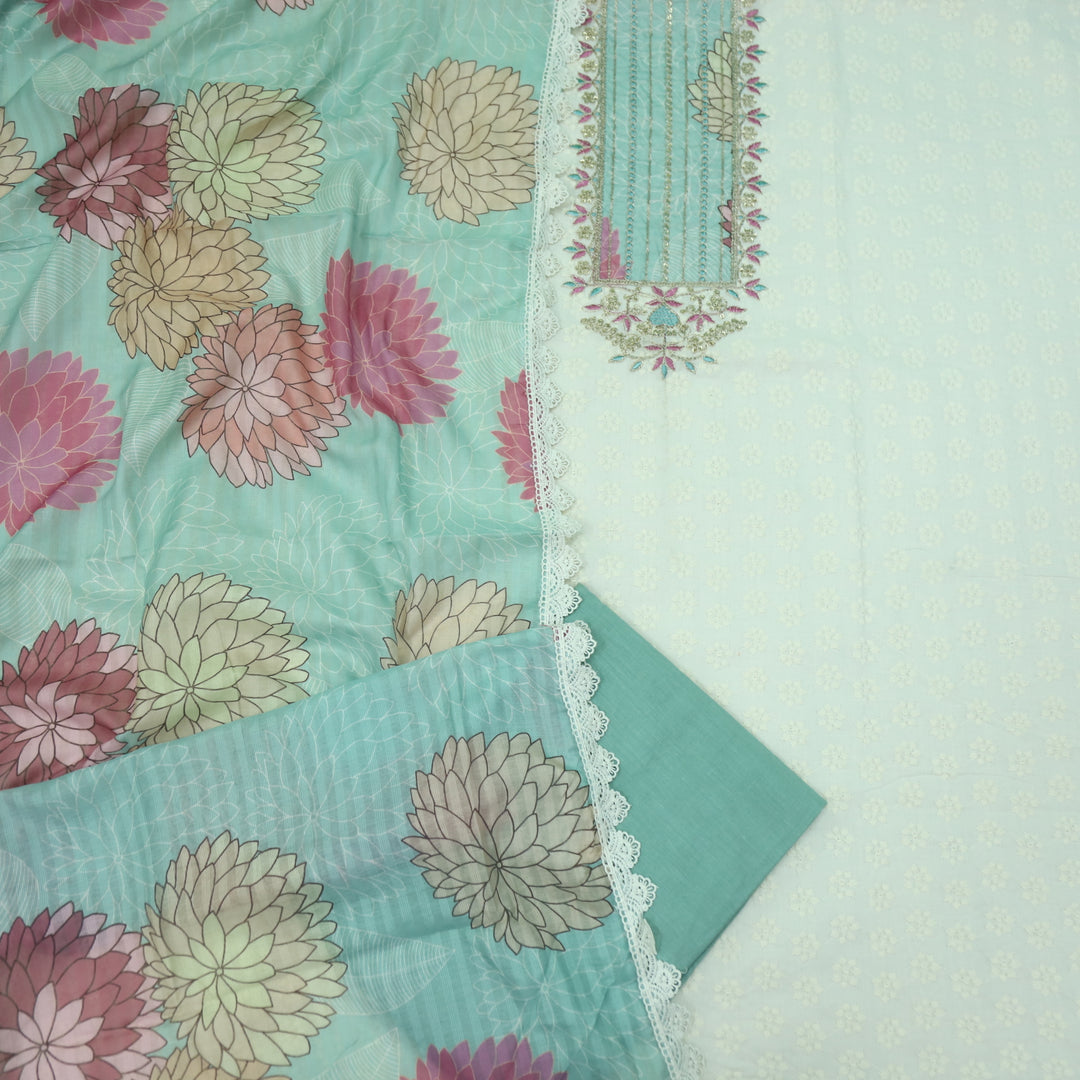 Naina Creamy White With Blue Floral Print Patch Work Cotton Suit Set