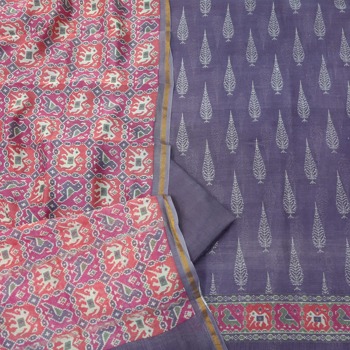 Takalluf Purple Premium Chanderi Printed Top with Patola Print Dupatta Suit Set