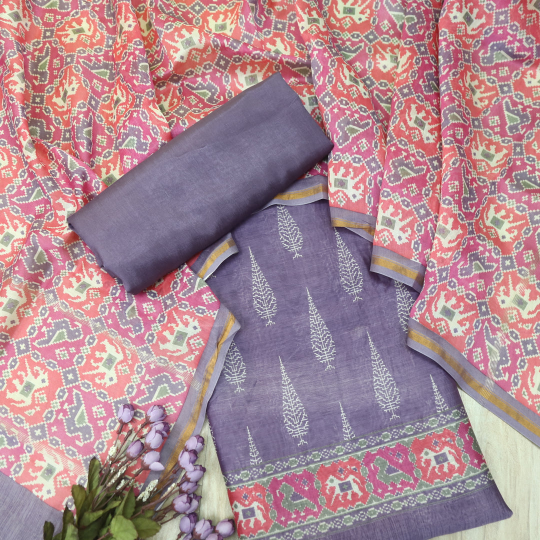 Takalluf Purple Premium Chanderi Printed Top with Patola Print Dupatta Suit Set