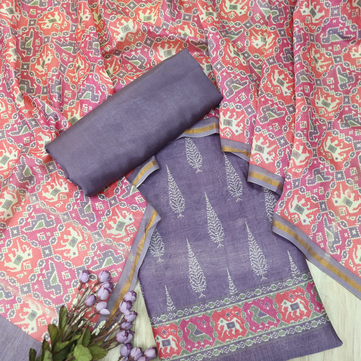 Takalluf Purple Premium Chanderi Printed Top with Patola Print Dupatta Suit Set