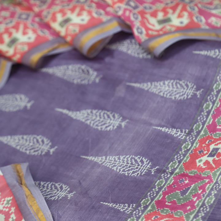 Takalluf Purple Premium Chanderi Printed Top with Patola Print Dupatta Suit Set