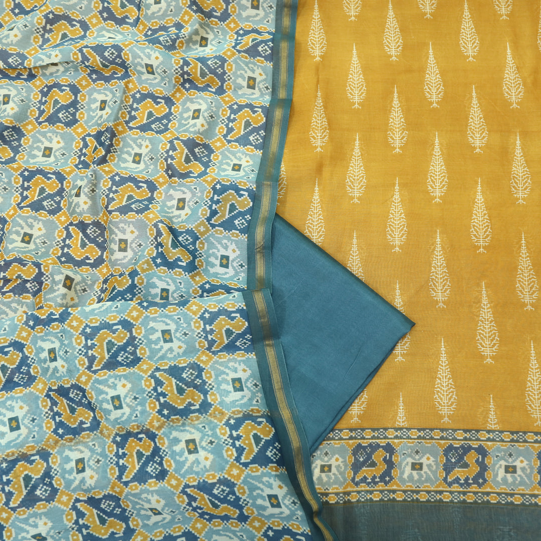 Takalluf Yellow Premium Chanderi Printed Top with Patola Print Dupatta Suit Set