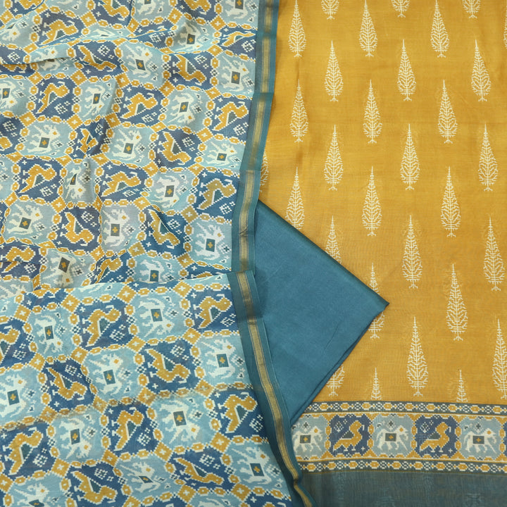 Takalluf Yellow Premium Chanderi Printed Top with Patola Print Dupatta Suit Set