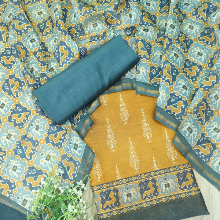 Takalluf Yellow Premium Chanderi Printed Top with Patola Print Dupatta Suit Set