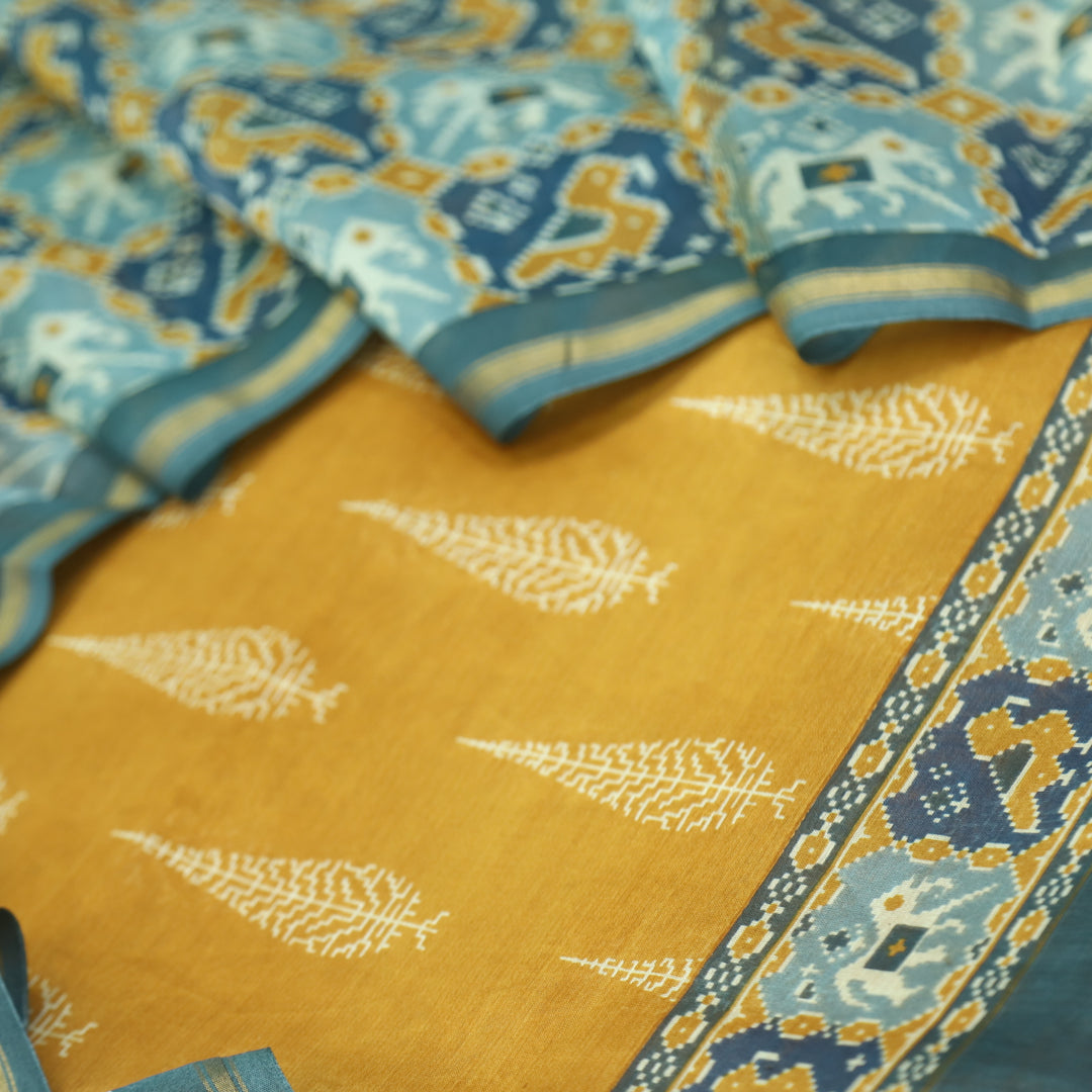 Takalluf Yellow Premium Chanderi Printed Top with Patola Print Dupatta Suit Set