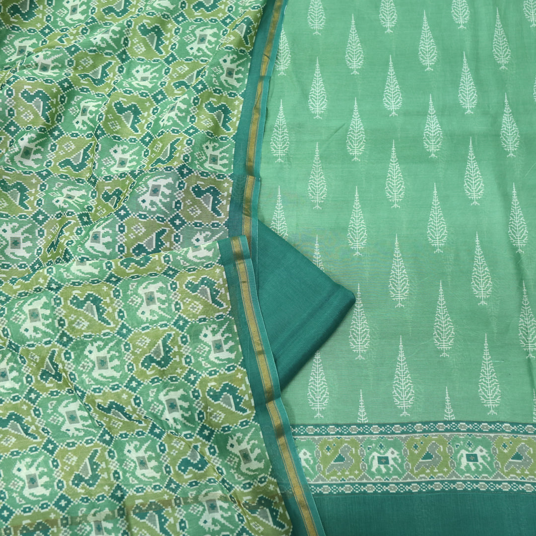 Takalluf Green Premium Chanderi Printed Top with Patola Print Dupatta Suit Set