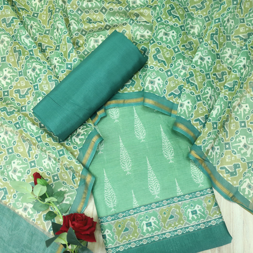 Takalluf Green Premium Chanderi Printed Top with Patola Print Dupatta Suit Set