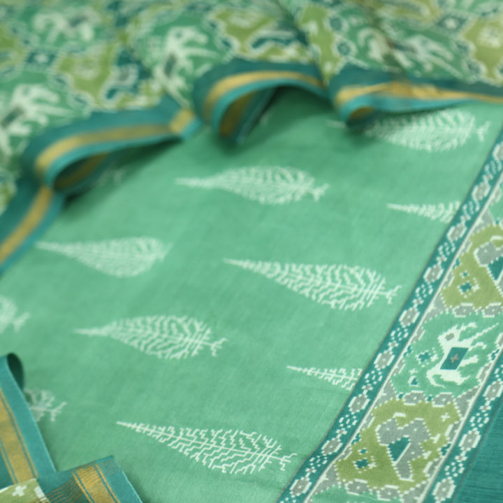 Takalluf Green Premium Chanderi Printed Top with Patola Print Dupatta Suit Set